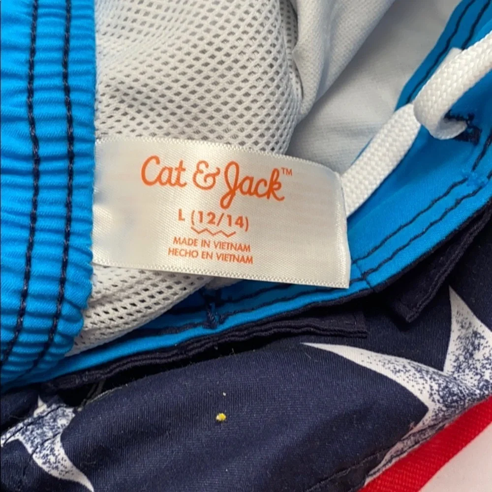 Cat and Jack American Flag red white blue swim trunks L = 12-14